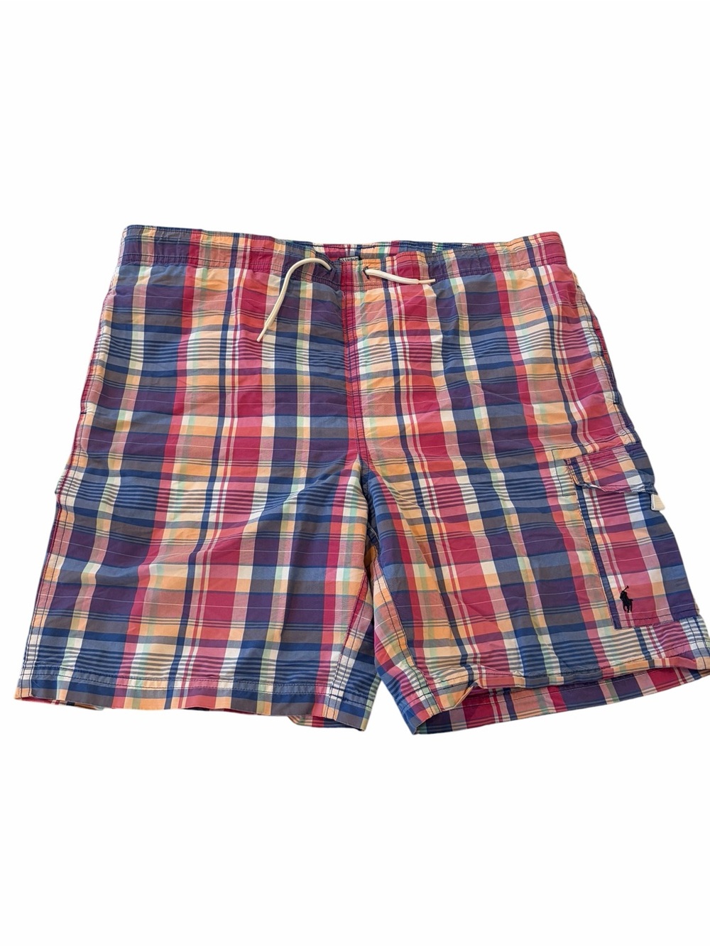 Polo Ralph Lauren Plaid Swim Trunks Mens 40 Blue Pink Cargo Lined VTG